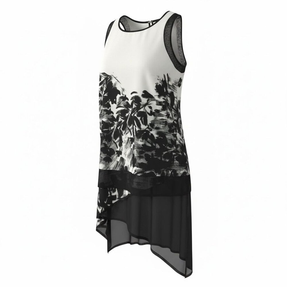 NEW LOLO Womens Size M Black White Sleeveless Asymmetric Tank Top Blouse Floral